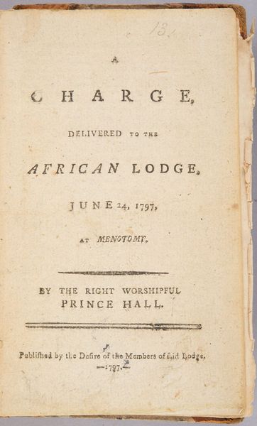 Cover of A Charge, Delivered to the African Lodge, June 24, 1797, at Menotomy