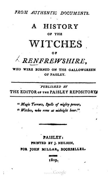Cover of A History of the Witches of Renfrewshire, Who Were Burned on the Gallowgreen of Paisley