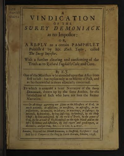 Cover of A Vindication of the Surey Demoniack as No Impostor