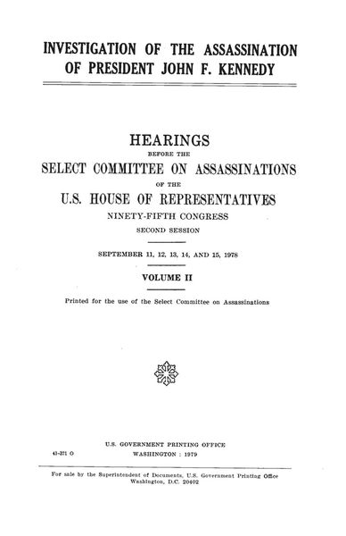 Cover of Appendix to the Hearings before the House Select Committee on Assassinations, Volume II