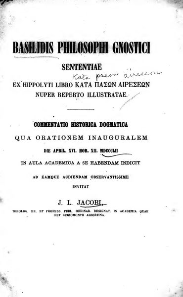 Cover of Basilidis philosophi gnostici sententias ex Hippolyti libro
