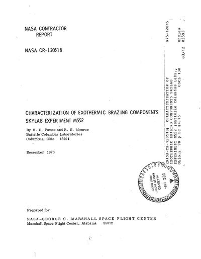 Cover of Characterization of Exothermic Brazing Components, Skylab Experiment M552