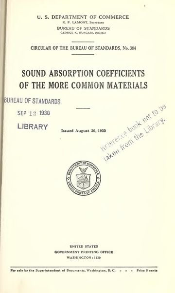 Cover of Circular of the Bureau of Standards No. 384: Sound Absorption Coefficients of the More Common Materials