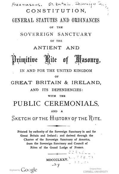 Cover of Constitution, General Statutes and Ordinances of the Sovereign Sanctuary of the Antient and Primitive Rite of Masonry in and for the United Kingdom of Great Britain and Ireland