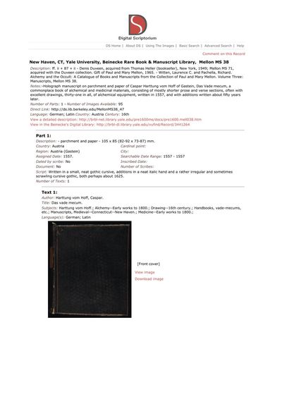 Cover of Das vade mecum (alchemical and medical handbook, manuscript)