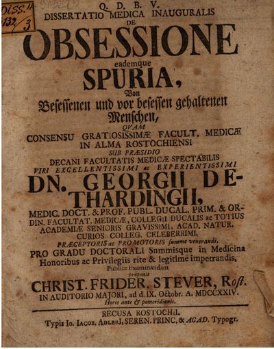 Cover of De obsessione eademque spuria: Von Besessenen und vor besessen gehaltenen Personen (1724)
