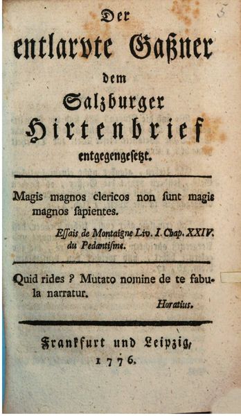 Cover of Der entlarvte Gassner, dem Salzburger Hirtenbrief entgegengesetzt (1776)