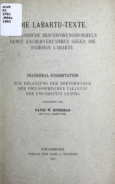 Cover of Die Labartu-Texte: Babylonische Beschwörungsformeln nebst Zauberverfahren gegen die Dämonin Labartu
