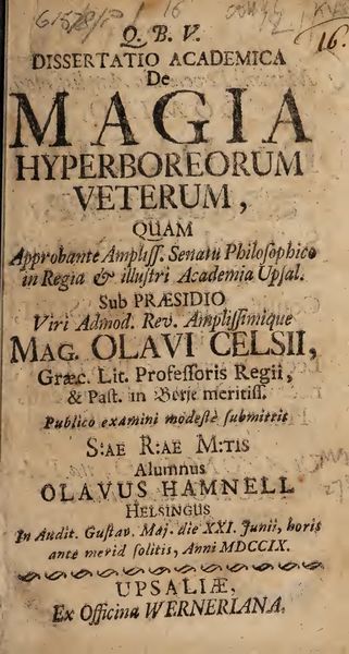 Cover of Dissertatio academica de magia hyperboreorum veterum (1709)