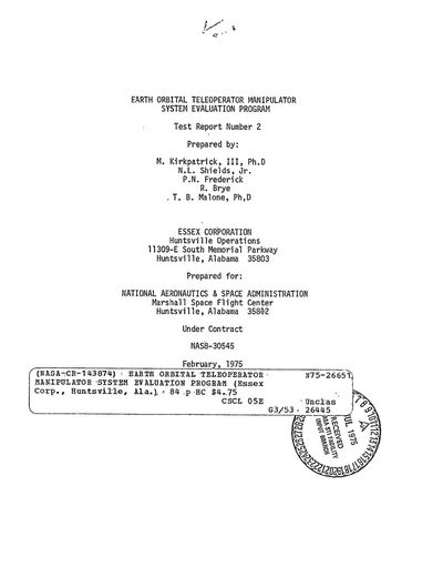 Cover of Earth Orbital Teleoperator Manipulator System Evaluation Program