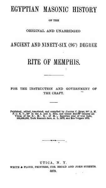 Cover of Egyptian Masonic History of the Original and Unabridged Ancient and Ninety-Six Degree Rite of Memphis