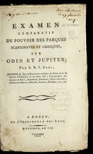 Cover of Examen comparatif du pouvoir des Parques scandinaves et grecques, sur Odin et Jupiter