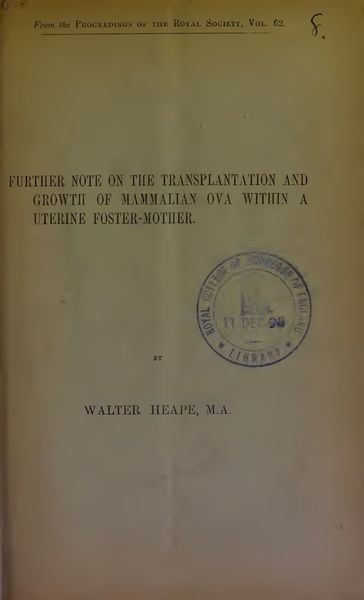Cover of Further Note on the Transplantation and Growth of Mammalian Ova within a Uterine Foster-Mother