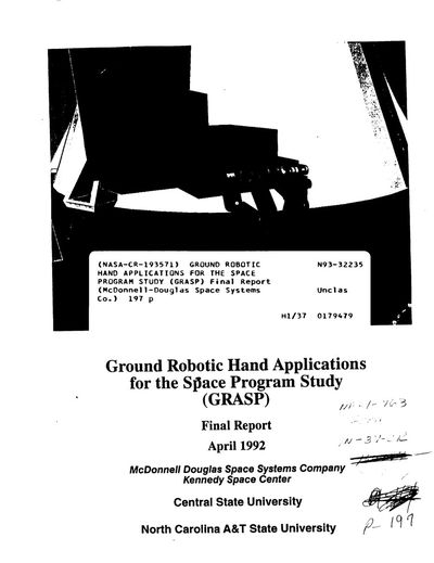 Cover of Ground Robotic Hand Applications for the Space Program Study (GRASP)