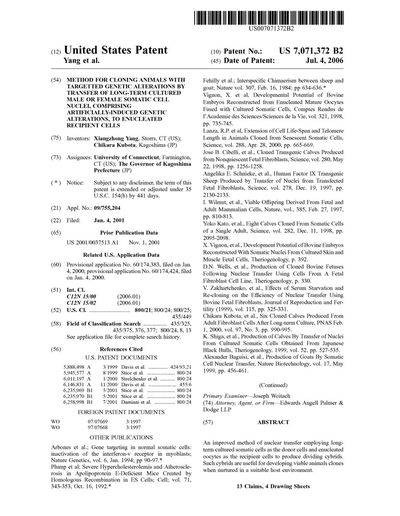 Cover of Method for Cloning Animals with Targeted Genetic Alterations by Transfer of Long-Term Cultured Somatic Cell Nuclei (U.S. Patent 7,071,372)