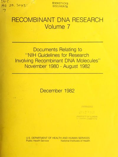 Cover of Recombinant DNA Research: Documents Relating to NIH Guidelines, Vol. VII