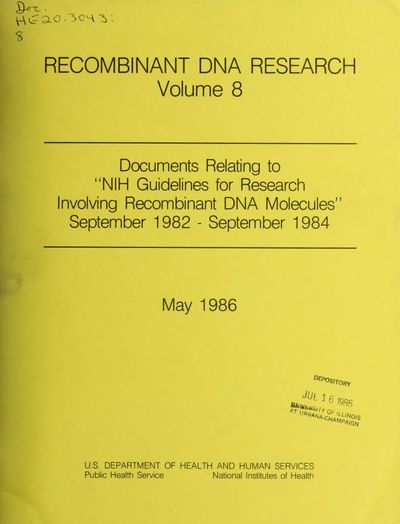 Cover of Recombinant DNA Research: Documents Relating to NIH Guidelines, Vol. VIII