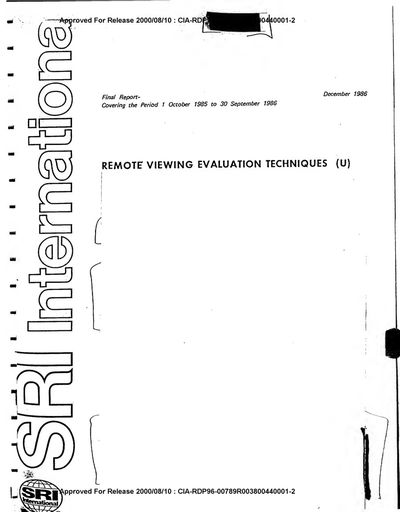 Cover of Remote Viewing Evaluation Techniques (Declassified), SRI, December 1986