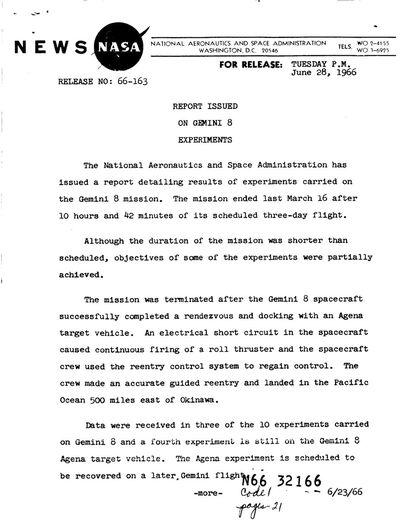 Cover of Report Issued on Gemini 8 Experiments