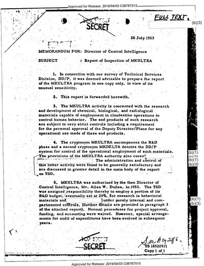 Cover of Report of Inspection of MKULTRA/TSD