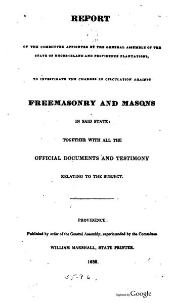 Cover of Report of the Committee Appointed at the General Assembly of the State of Rhode-Island and Providence Plantations, to Investigate the Charges in Circulation Against Freemasonry and Masons