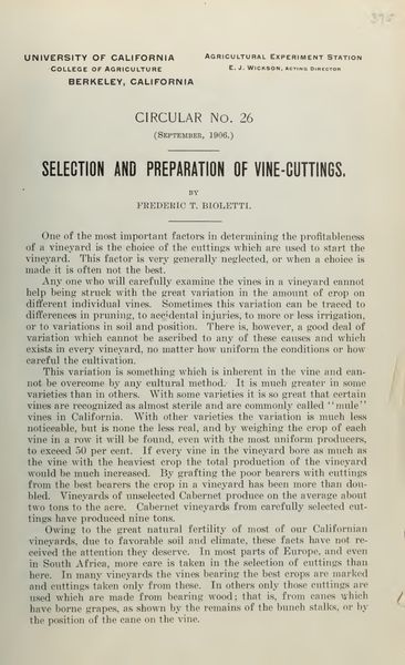 Cover of Selection and Preparation of Vine-Cuttings (University of California Agricultural Experiment Station Circular No. 26)