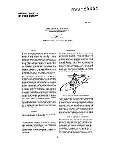 Cover of Space Station as a Vital Focus for Advancing the Technologies of Automation and Robotics