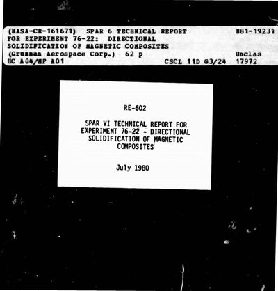 Cover of SPAR VI Technical Report for Experiment 76-22: Directional Solidification of Magnetic Composites
