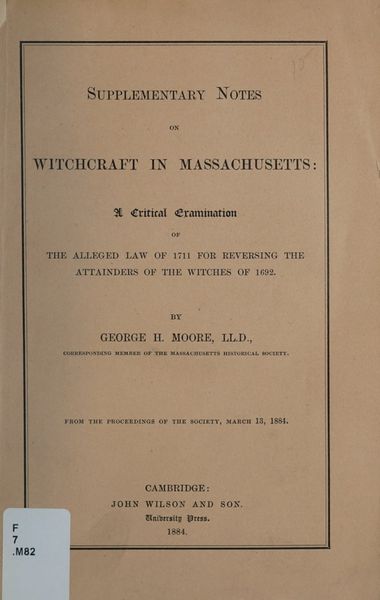 Cover of Supplementary Notes on Witchcraft in Massachusetts