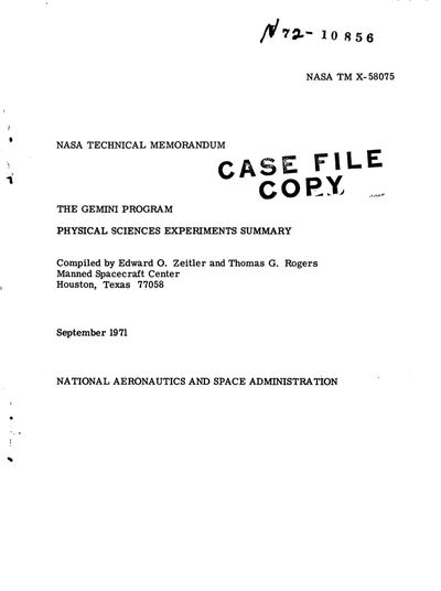 Cover of The Gemini Program: Physical Sciences Experiments Summary