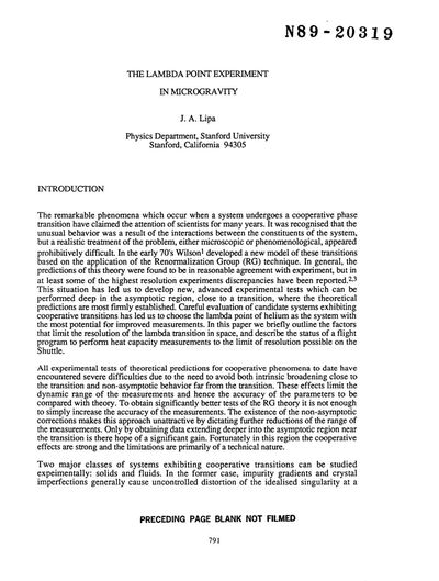 Cover of The Lambda Point Experiment in Microgravity