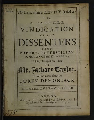 Cover of The Lancashire Levite Rebuk'd: A Farther Vindication of the Dissenters (Second Letter on the Surey Demoniack)