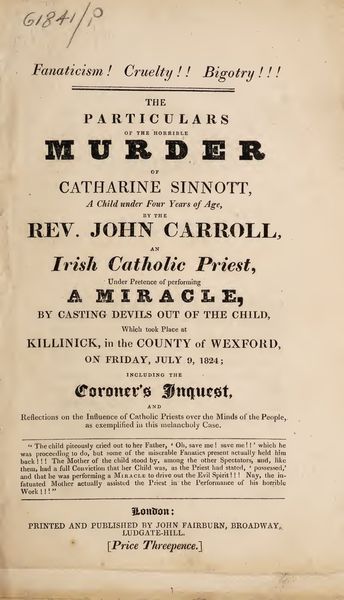 Cover of The Particulars of the Horrible Murder of Catharine Sinnott, Killed in an Attempted Exorcism at Killinick, Wexford (1824)