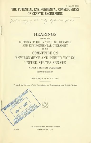 Cover of The Potential Environmental Consequences of Genetic Engineering: Hearings