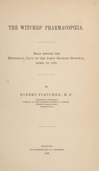 Cover of The Witches' Pharmacopoeia (Johns Hopkins Hospital Historical Club, 1896)