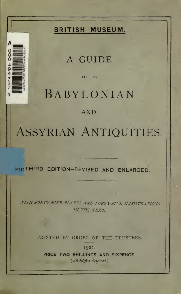 Cover of A Guide to the Babylonian and Assyrian Antiquities (British Museum, 1922)