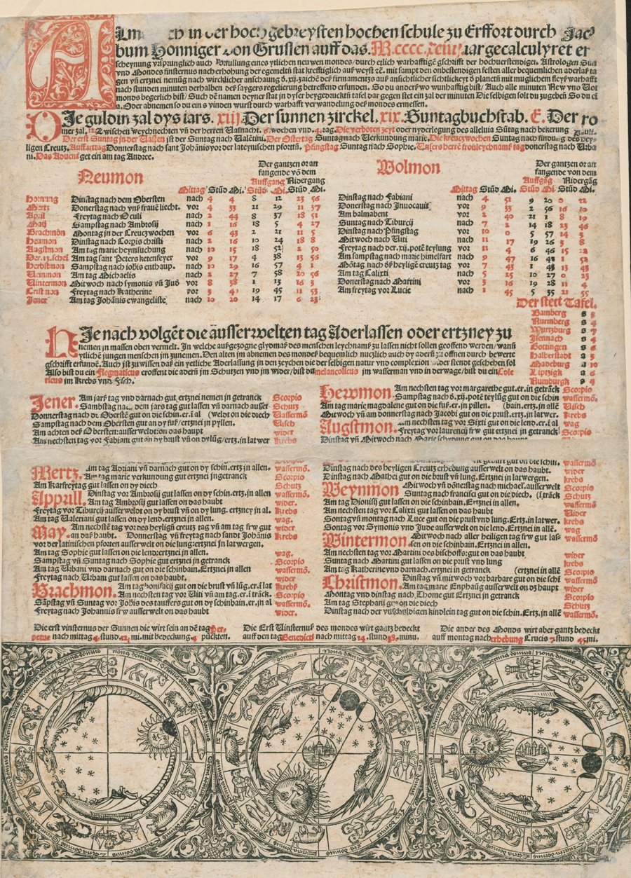 Cover of Almanach in der hochgebreysten Hochen Schule zu Erffort (Almanac for 1494, Erfurt broadside)