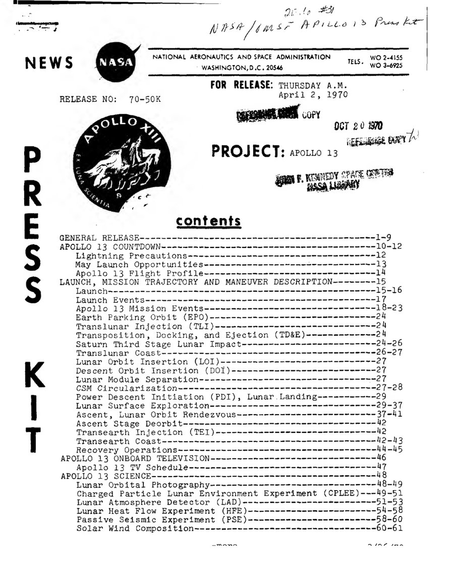 Cover of Apollo 13 Press Kit