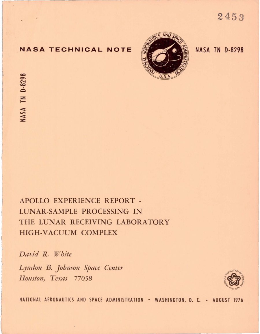Cover of Apollo Experiment Report: Lunar-Sample Processing in the Lunar Receiving Laboratory High-Vacuum Complex