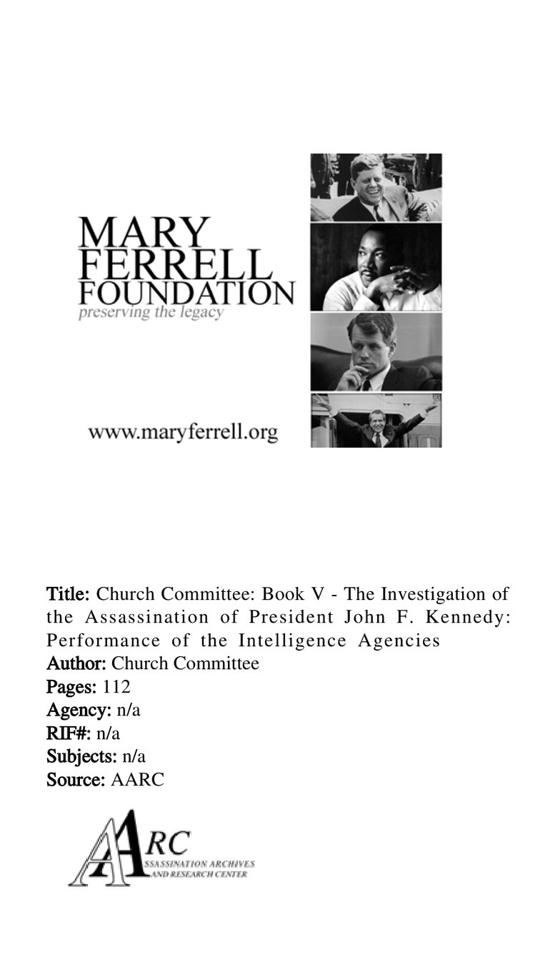 Cover of Church Committee Final Report, Book V: The Investigation of the Assassination of President John F. Kennedy