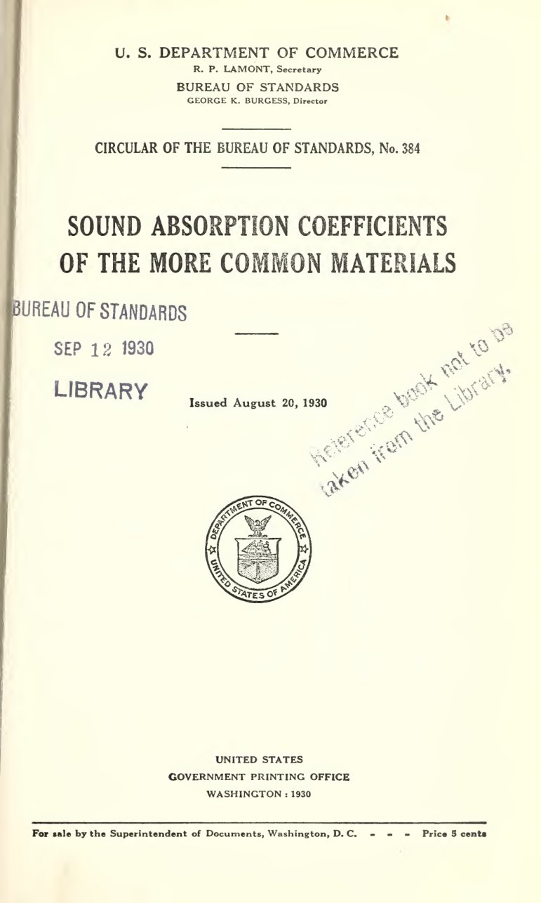 Cover of Circular of the Bureau of Standards No. 384: Sound Absorption Coefficients of the More Common Materials