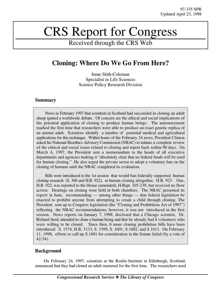 Cover of Cloning: Where Do We Go From Here?