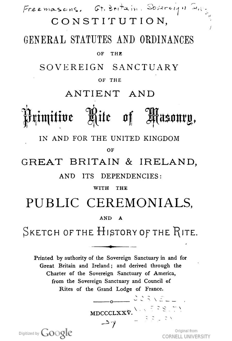 Cover of Constitution, General Statutes and Ordinances of the Sovereign Sanctuary of the Antient and Primitive Rite of Masonry in and for the United Kingdom of Great Britain and Ireland