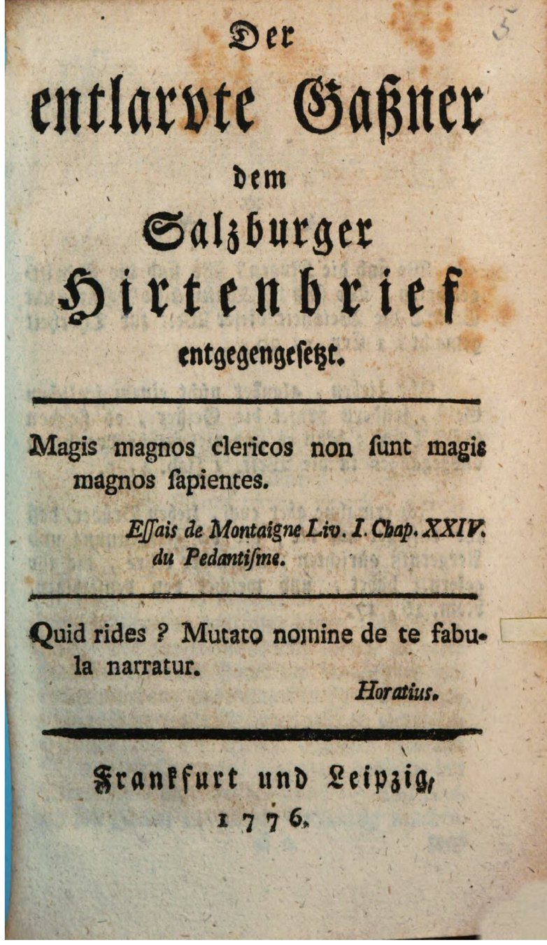 Cover of Der entlarvte Gassner, dem Salzburger Hirtenbrief entgegengesetzt (1776)