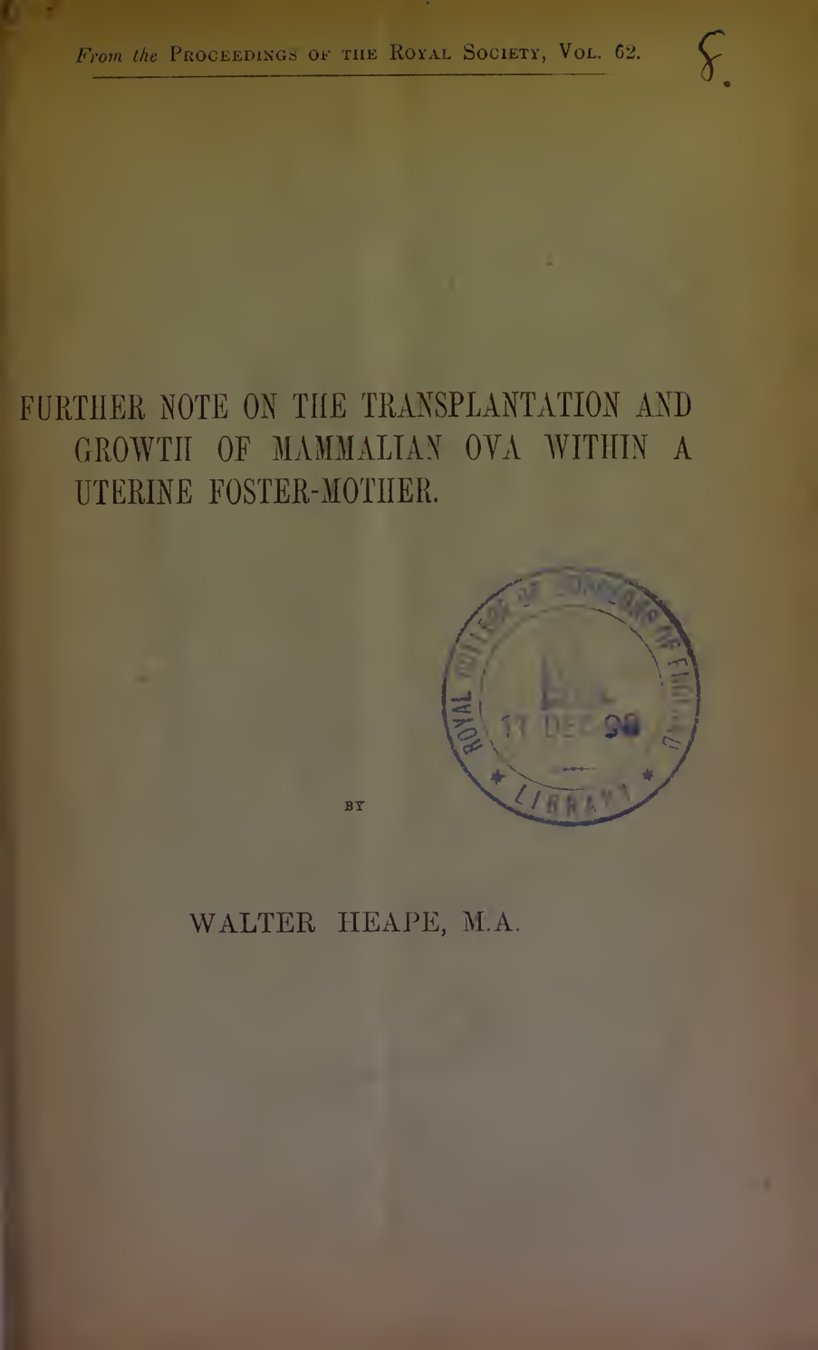 Cover of Further Note on the Transplantation and Growth of Mammalian Ova within a Uterine Foster-Mother