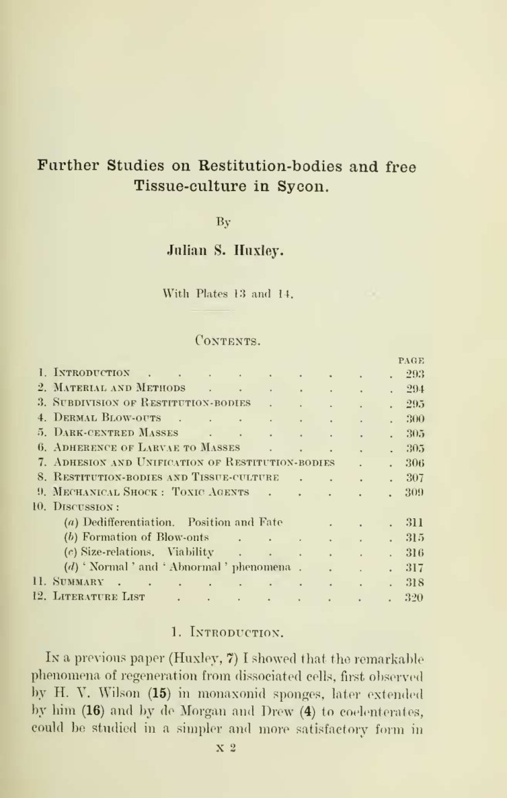 Cover of Further Studies on Restitution-Bodies and Free Tissue-Culture in Sycon