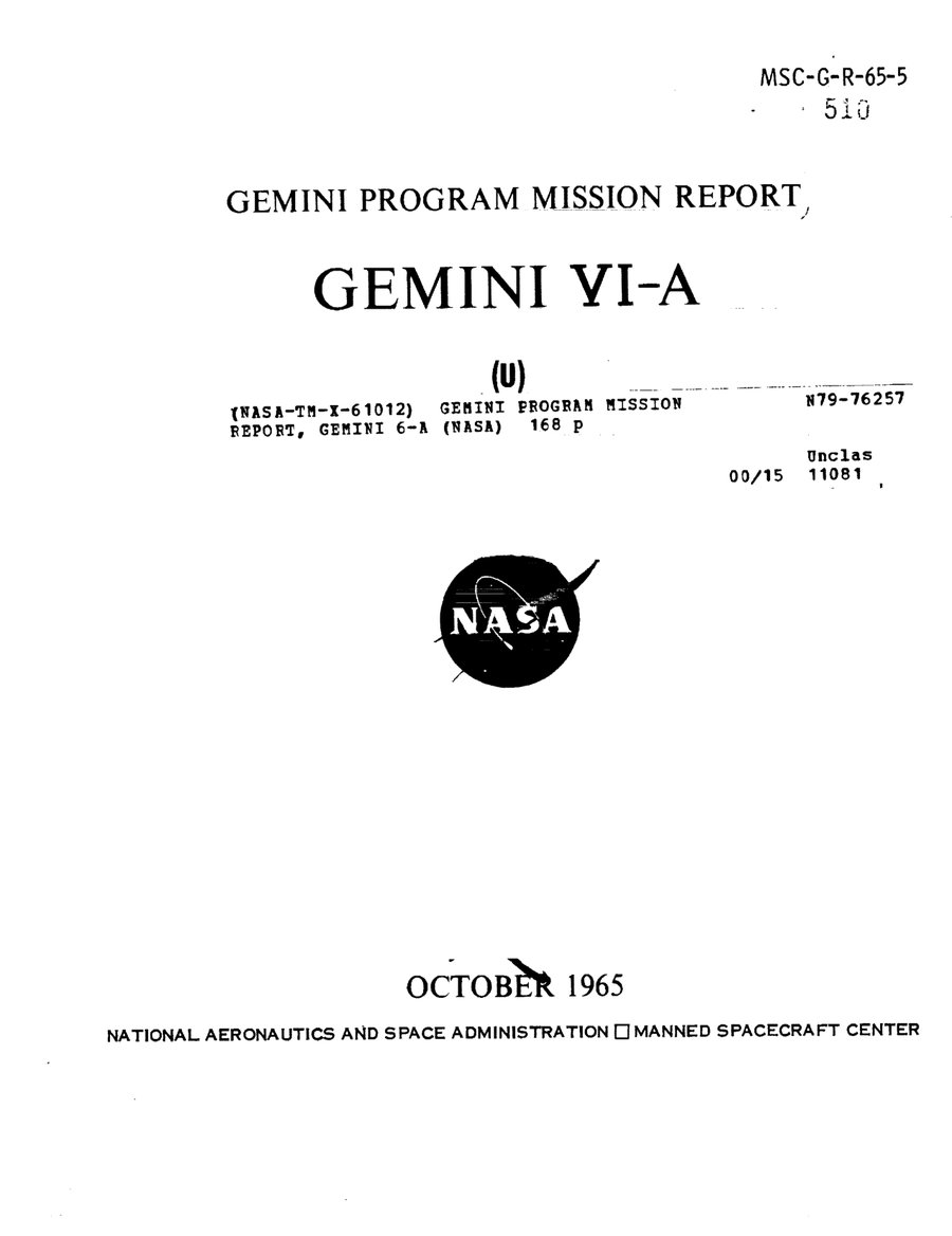 Cover of Gemini Program Mission Report, Gemini 6-A