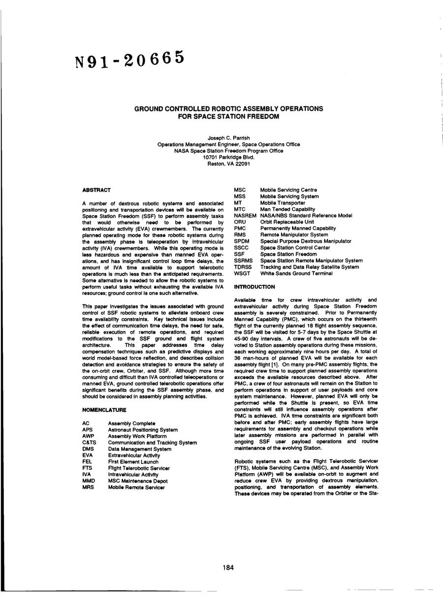 Cover of Ground Controlled Robotic Assembly Operations for Space Station Freedom
