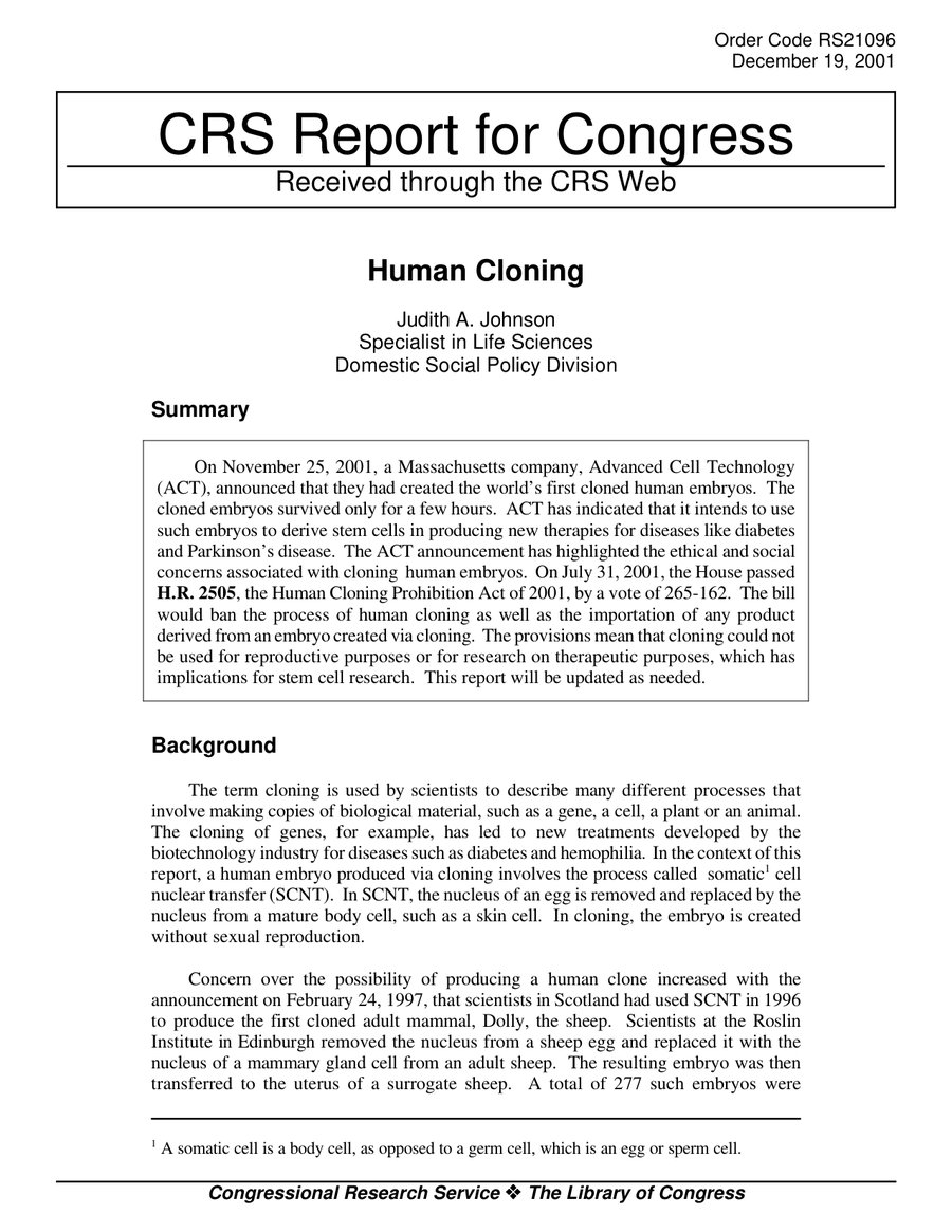 Cover of Human Cloning: CRS Report for Congress (December 19, 2001)