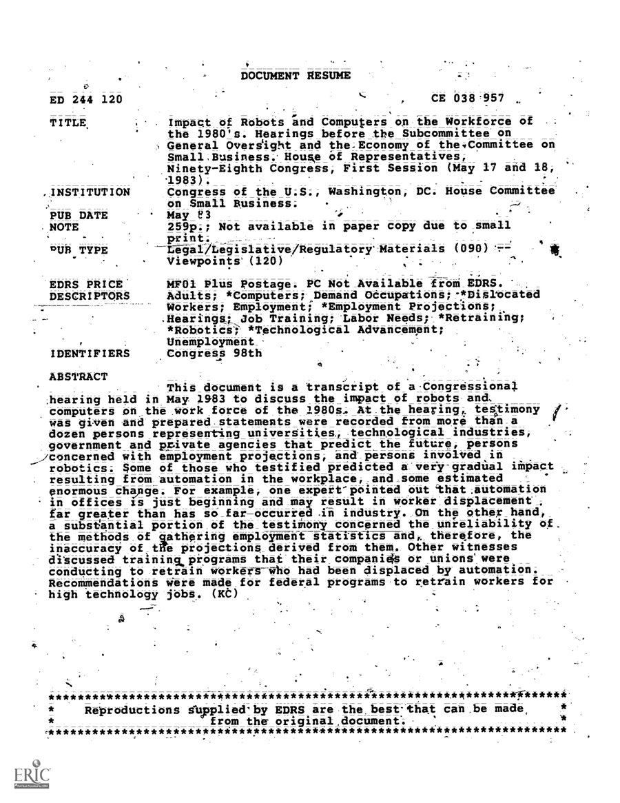 Cover of Impact of Robots and Computers on the Workforce of the 1980's: Hearing